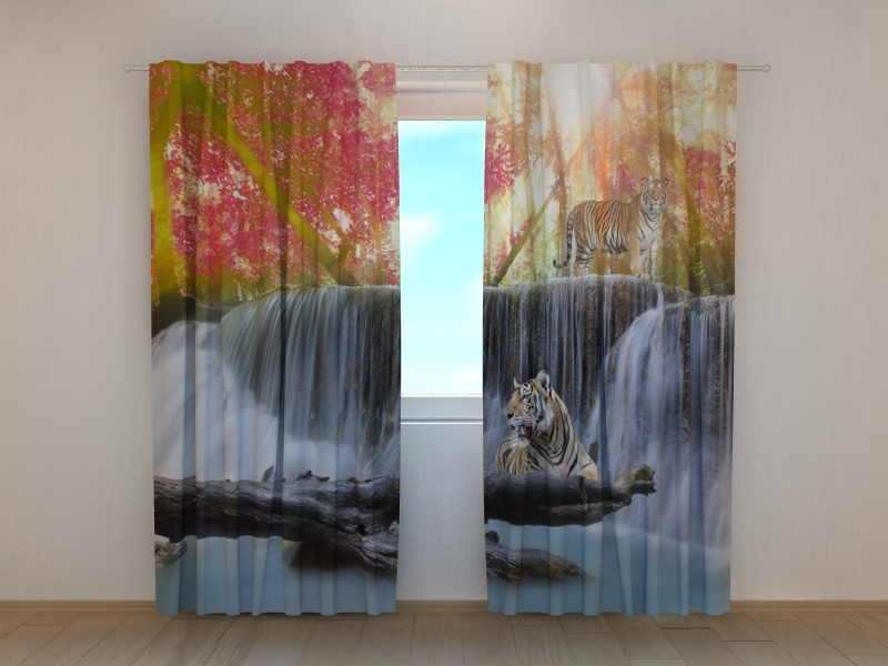 Photo curtains Tigers at the Autumn Waterfall