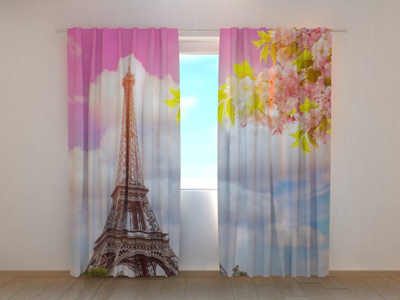 Photo curtains Blossoming Spring Cherry and Eiffel Tower
