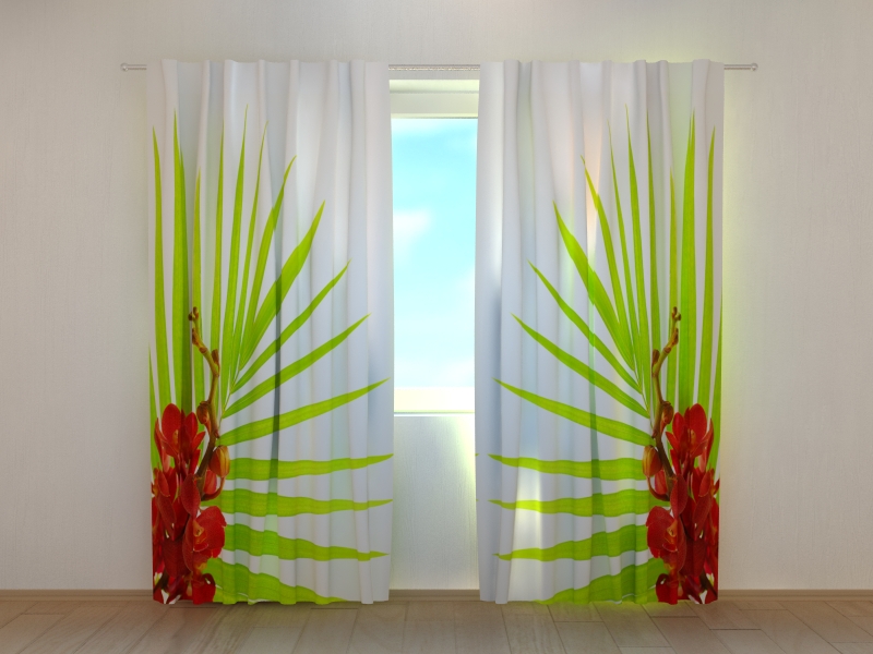Photo curtains Palm Leaves with Red Orchids