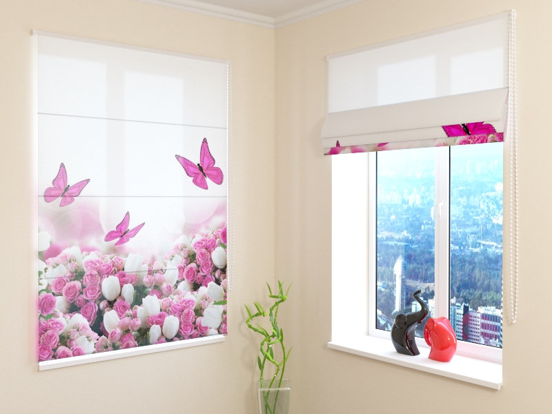 Roman Blind Crimson Butterflies and Flowers