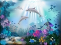 Zemūdens pasaule ar delfīniem un augiem